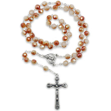 Load image into Gallery viewer, Our Lady of Fatima Rosary – 8mm Iridescent Amber Faceted Crystal Beads with Silver Tone Crucifix and Fatima Medallion