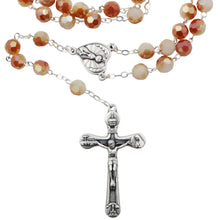 Load image into Gallery viewer, Our Lady of Fatima Rosary – 8mm Iridescent Amber Faceted Crystal Beads with Silver Tone Crucifix and Fatima Medallion
