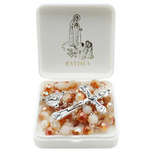 Load image into Gallery viewer, Our Lady of Fatima Rosary – 8mm Iridescent Amber Faceted Crystal Beads with Silver Tone Crucifix and Fatima Medallion