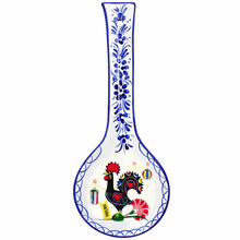 Load image into Gallery viewer, Hand-Painted Portuguese Rooster Ceramic Spoon Rest – Floral Blue & White Design