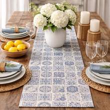 Load image into Gallery viewer, Portuguese Azulejo Tile Table Runner – Blue & White Design, Made in Portugal (54" x 16.7")