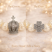 Load image into Gallery viewer, Pearl Crown & Cross Stretch Bracelet - Ribbed Pearl Beads with Silver Crown, Cross & Crystal Spacers