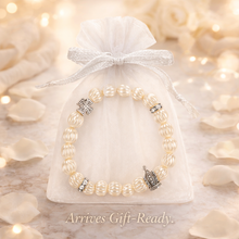 Load image into Gallery viewer, Pearl Crown & Cross Stretch Bracelet - Ribbed Pearl Beads with Silver Crown, Cross & Crystal Spacers