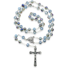 Load image into Gallery viewer, Our Lady of Fatima Rosary – 8mm Iridescent Blue Faceted Crystal Beads with Silver Tone Crucifix and Fatima Medallion