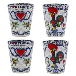 Traditional Portuguese Good Luck Rooster Ceramic Shot Glasses, Set of 4