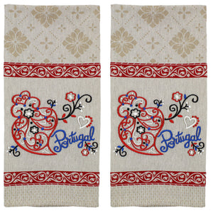 Traditional Portuguese Viana Heart Red & Beige Cotton Kitchen Dish Towel, Set of 2