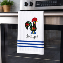 Load image into Gallery viewer, Portugal Rooster Kitchen Towels with Blue Stripe Accent – Set of 2, 100% Cotton Dish Towels (23.5" x 19")