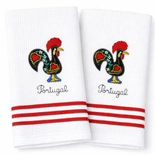 Load image into Gallery viewer, Portugal Rooster Kitchen Towels with Red Stripe Accent – Set of 2, 100% Cotton Dish Towels (23.5" x 19")