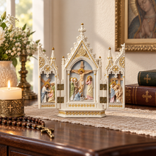 Load image into Gallery viewer, Calvary Triptych – Catholic Crucifixion Religious Display with Hinged Panels, 8.1"