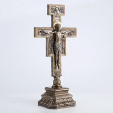 Load image into Gallery viewer, San Damiano Crucifix on Stand – Catholic Cold Cast Bronze Cross, 14.25”