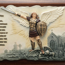 Load image into Gallery viewer, St. Michael the Archangel Prayer Wall Plaque with Wood Finish Base