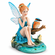 Load image into Gallery viewer, Turquoise Fairy and Kingfisher Bird Statue - Whimsical Garden Figurine, 5.1"