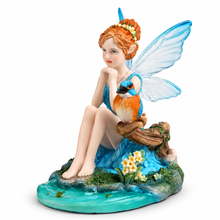 Load image into Gallery viewer, Turquoise Fairy and Kingfisher Bird Statue - Whimsical Garden Figurine, 5.1"