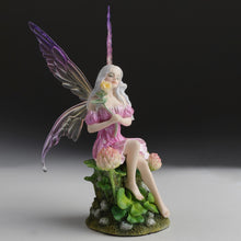 Load image into Gallery viewer, Pink Fairy and the Clovers Figurine – Seated Fairy Statue with Yellow Flower and Purple Wings