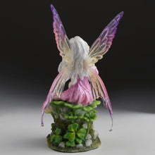Load image into Gallery viewer, Pink Fairy and the Clovers Figurine – Seated Fairy Statue with Yellow Flower and Purple Wings