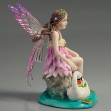 Load image into Gallery viewer, Lotus Fairy with Baby and Swan Figurine – Pink Fairy Statue on Water Scene