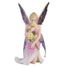 Load image into Gallery viewer, Kneeling Fairy Figurine with Yellow Rose – Pink and Purple Winged Fairy Statue