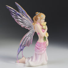 Load image into Gallery viewer, Kneeling Fairy Figurine with Yellow Rose – Pink and Purple Winged Fairy Statue