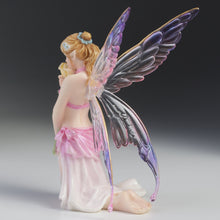 Load image into Gallery viewer, Kneeling Fairy Figurine with Yellow Rose – Pink and Purple Winged Fairy Statue