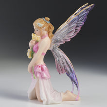 Load image into Gallery viewer, Kneeling Fairy Figurine with Yellow Rose – Pink and Purple Winged Fairy Statue