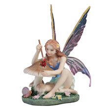 Load image into Gallery viewer, Fairy Figurine Painting Ladybug on Mushroom – Colorful Winged Fairy Statue with Nature Accents