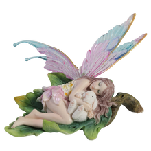 Load image into Gallery viewer, Sleeping Fairy Figurine on Leaf with Bunny – Pastel Winged Fairy Statue