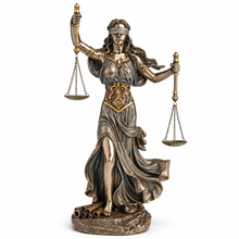 Load image into Gallery viewer, Blindfolded Lady Justice with Twin Scales Statue – Cold Cast Bronze, 10.5"