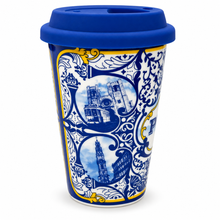 Load image into Gallery viewer, Portugal Azulejo Ceramic Travel Mug with Silicone Lid, 12 oz