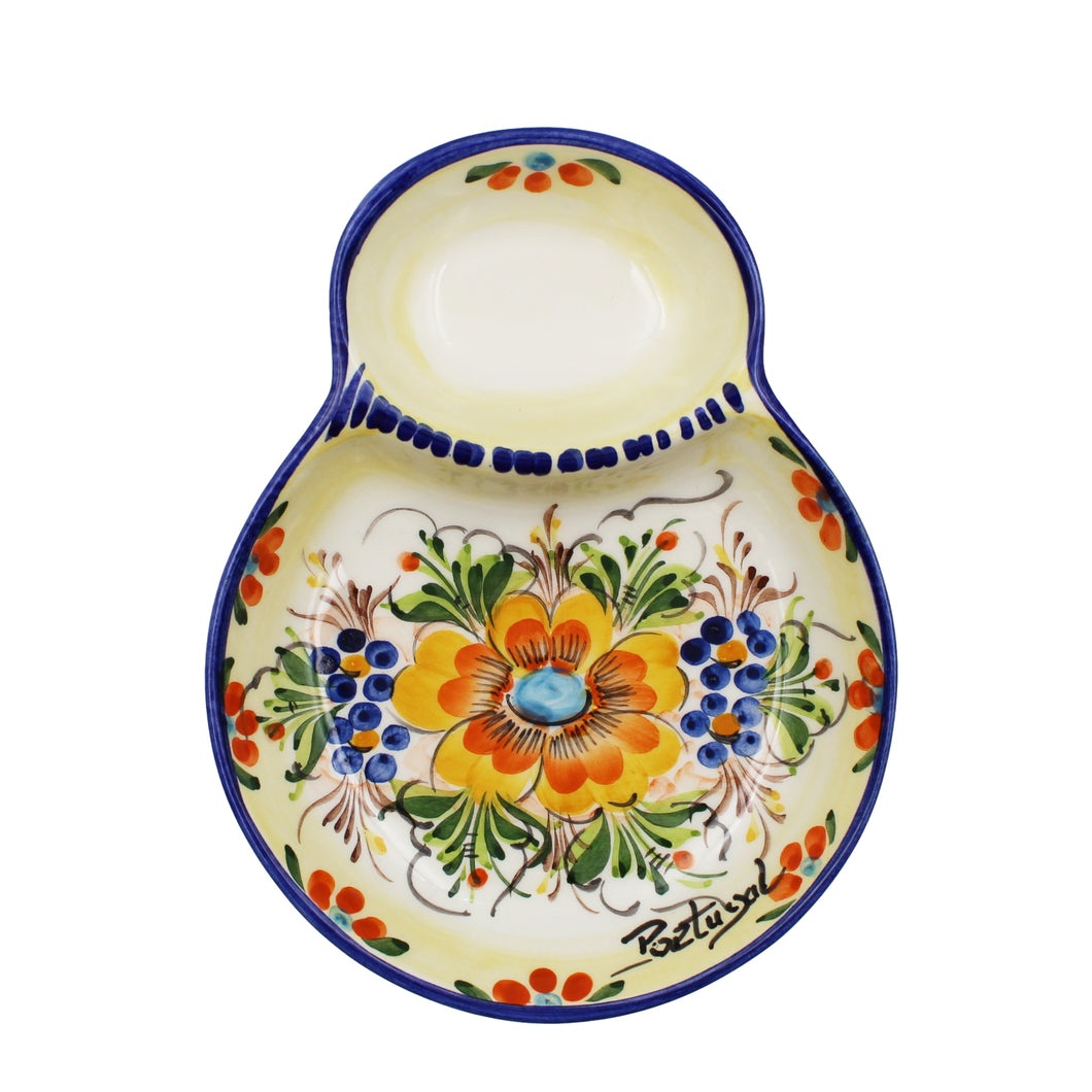 Traditional Hand-Painted Yellow Floral Olive Dish with Pit Holder