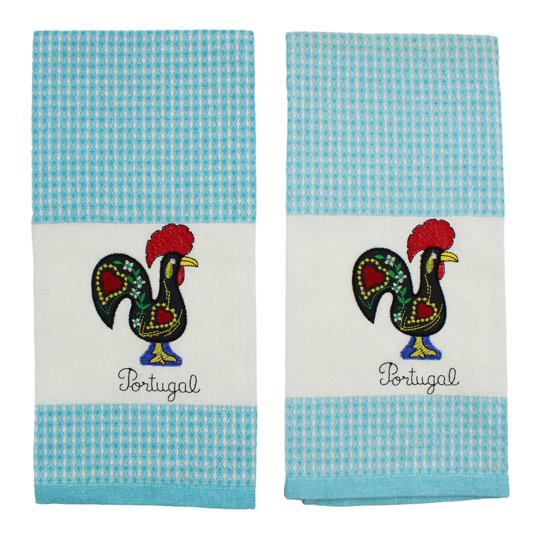 100% Cotton Embroidered Portuguese Rooster Blue Decorative Kitchen Dish Towel - Set of 2