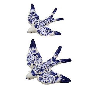 Hand-painted Portuguese Ceramic Blue Floral Swallow, Set of 2