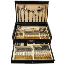 Load image into Gallery viewer, Cristema Colombo Gold 130-Piece Silverware Flatware Cutlery Stainless Steel Set
