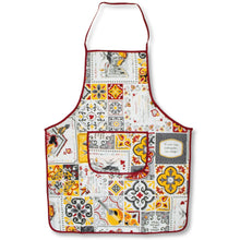 Load image into Gallery viewer, Portuguese Azulejo Design Apron – Red, Yellow, and Grey Tile Pattern with Front Pocket