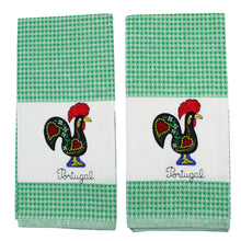 Load image into Gallery viewer, 100% Cotton Embroidered Portuguese Rooster Green Decorative Kitchen Dish Towel - Set of 2

