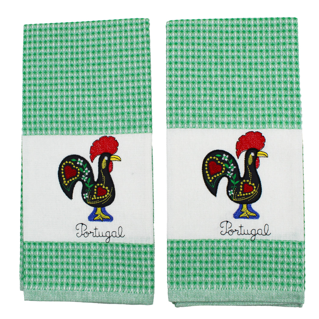 100% Cotton Embroidered Portuguese Rooster Green Decorative Kitchen Dish Towel - Set of 2