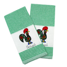 Load image into Gallery viewer, 100% Cotton Embroidered Portuguese Rooster Green Decorative Kitchen Dish Towel - Set of 2
