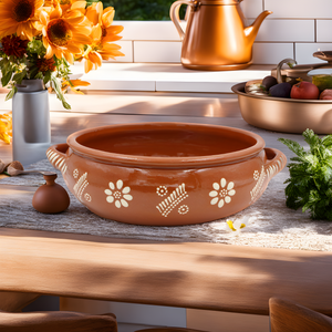 Traditional Portuguese Clay Terracotta Hand-Painted Cazuela Cooking Pot, Casserole Baking Dish