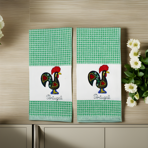 100% Cotton Embroidered Portuguese Rooster Green Decorative Kitchen Dish Towel - Set of 2