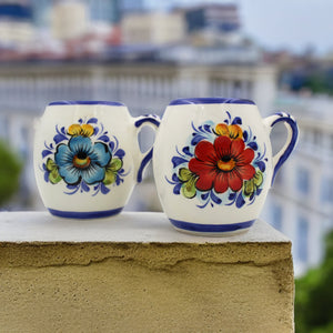 Hand-Painted Portuguese Ceramic Floral White Small Mugs, Set of 2