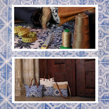Load image into Gallery viewer, Praceta Lisboa Canvas Tote Bag with Blue Azulejo Tile Design and Leather Straps, Blue Top
