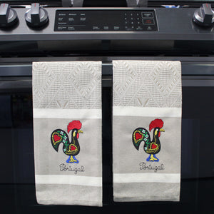 100% Cotton Embroidered Portuguese Rooster Decorative Kitchen Dish Towel - Set of 2