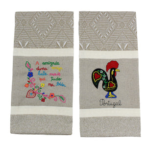 100% Cotton Embroidered Portuguese Rooster and Floral Decorative Kitchen Dish Towel - Set of 2