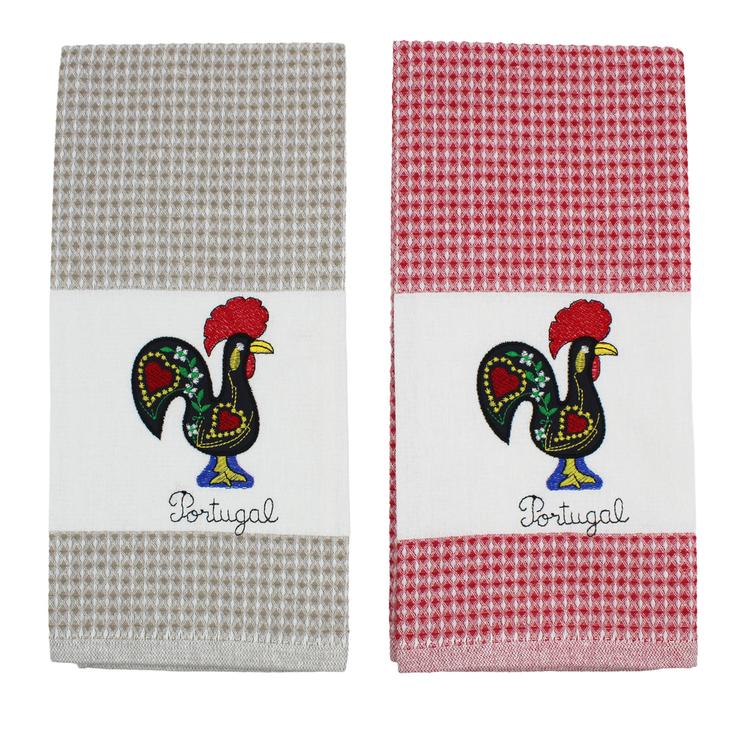 100% Cotton Embroidered Portuguese Rooster Beige & Red Decorative Kitchen Dish Towel - Set of 2