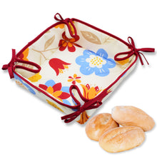Load image into Gallery viewer, Floral Cotton Bread Basket with Red Ties, 100% Cotton