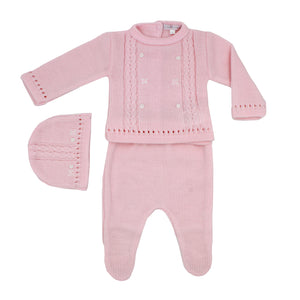 Maiorista Made in Portugal Pink Baby Shirt, Footed Pants and Beanie 3-Piece Outfit Set