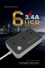 Load image into Gallery viewer, LDNIO Power Strip Surge Protector with 3 Universal International Socket & Smart 6 USB Charging Ports 3.4A 220V