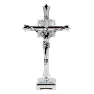 8" Metallic Altar Silver Crucifix With Stand
