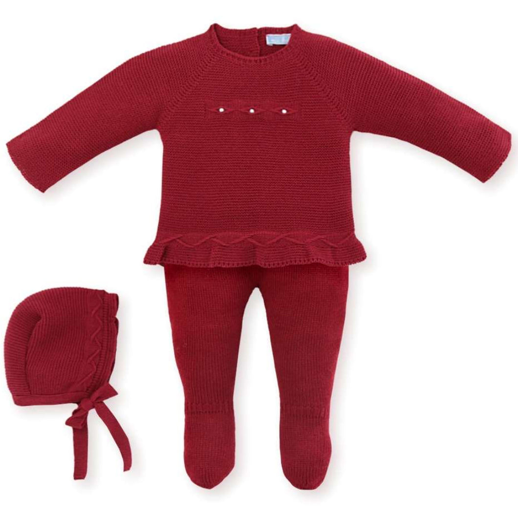 Mac Ilusión Made in Spain Baby Red Shirt, Footed Pants and Beanie 3-Piece Set