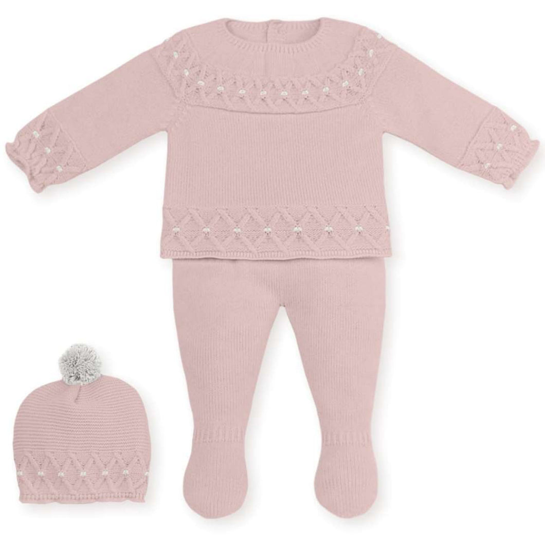 Mac Ilusión Made in Spain Baby Petal Pink Shirt, Footed Pants and Beanie 3-Piece Set