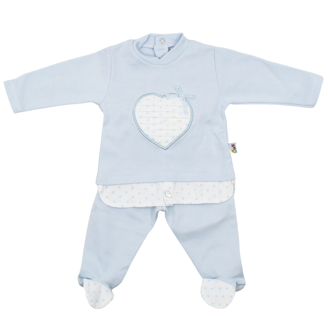 Maiorista Made in Portugal Baby Blue Heart Shirt and Footed Pants 2-Piece Set